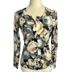 Talbots merino wool black grey rose‎ floral cardigan sweater petite